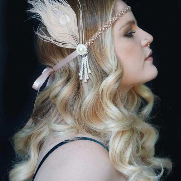 Flapper Headband Pearl Peacock Feather Hair Accessory Vintage Gatsby